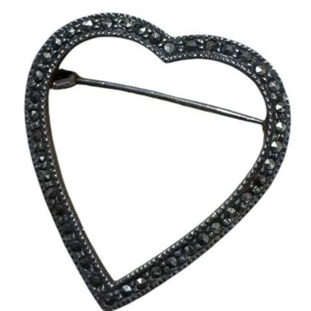 Vintage Heart Shaped Brooch Collection Marcasite & Mother of Pearl Romantic Set
